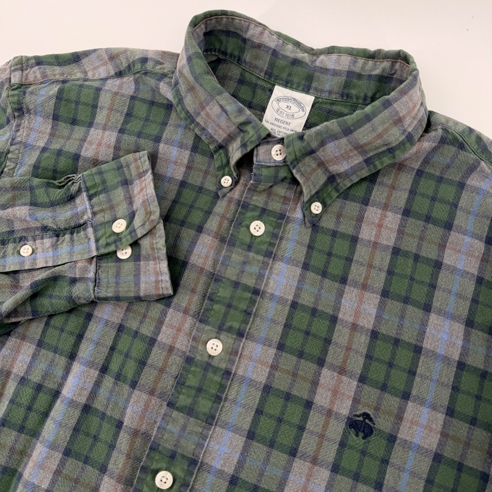 Brooks Brothers Plaid Flannel Shirt Mens XL Green Regent Fit Button Down Logo